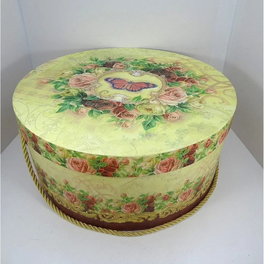 Vintage Decorative Round Hat Box with‎ Floral Butterfly Design with 4 Hats